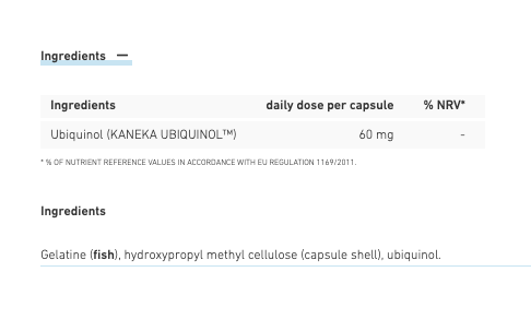 Biogena COQ10 Active Ubiquinol 60 mg 120 capsules - Back - Ingredients