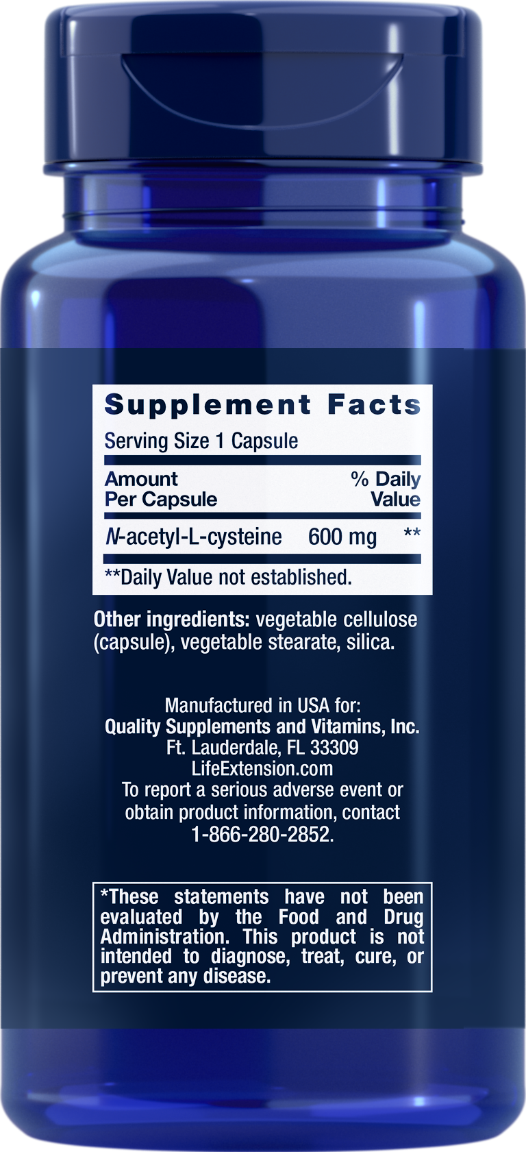 Life Extension N-Acetyl-L-Cysteine 600mg - 60 Vegetarian Capsules - Back - Ingredient