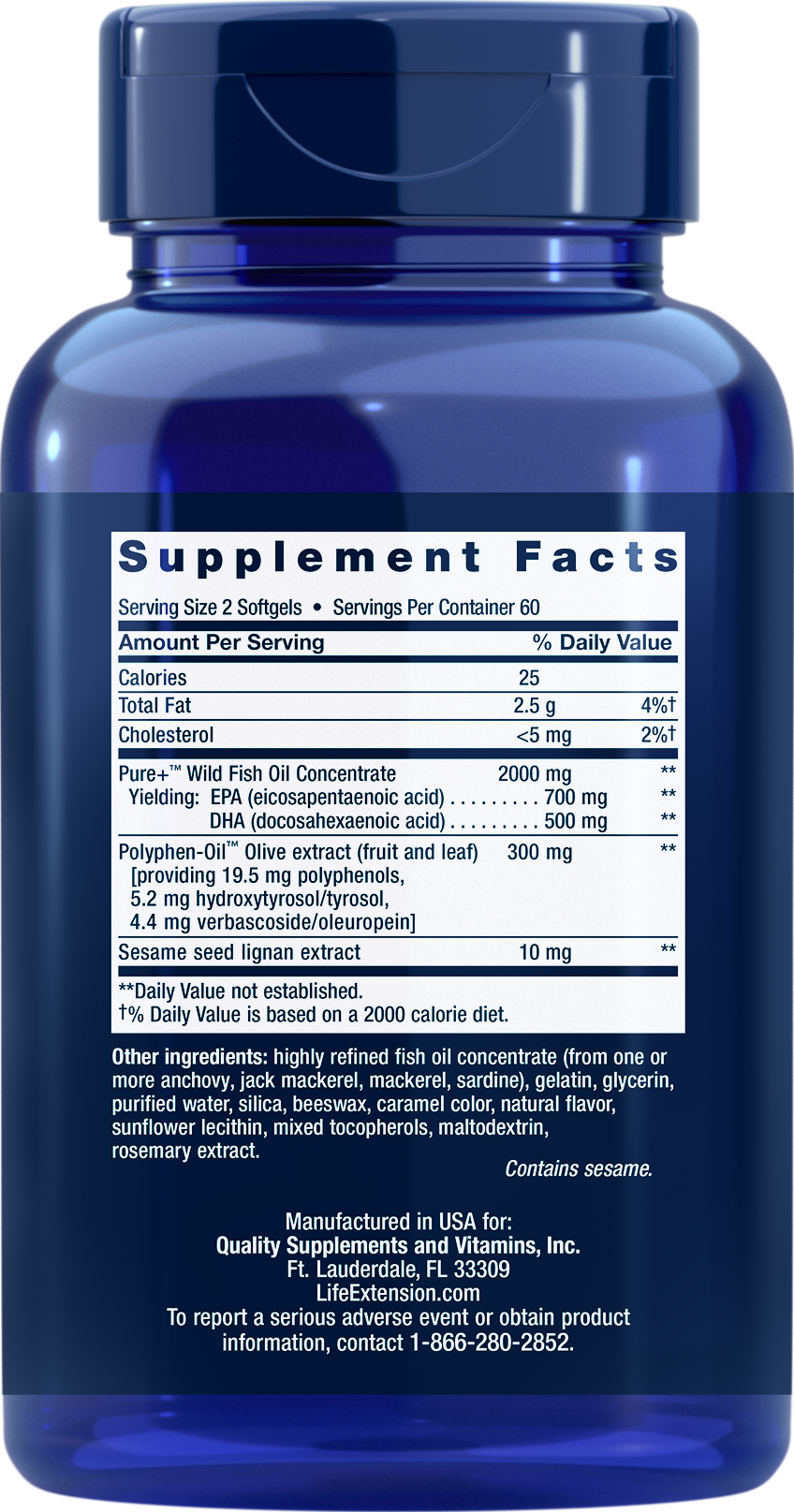 Life Extension Super Omega- 3-EPA/DHA Fish Oil ,Sesame Lignans & Olive-Extract-120 Softgels - Back - Ingredient