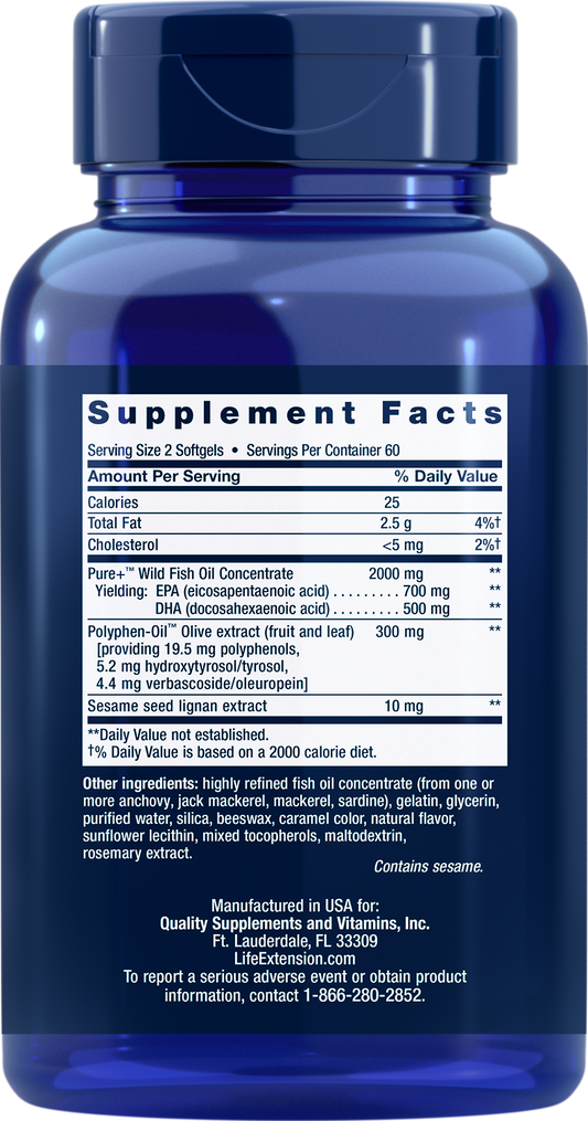 Life Extension Super Omega- 3-EPA/DHA Fish Oil ,Sesame Lignans & Olive-Extract-120 Softgels - Back - Ingredient