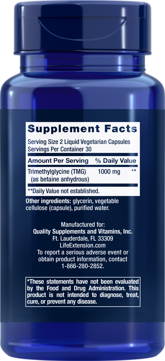 Life Extension TMG 500mg 60 capsules back - Ingredients