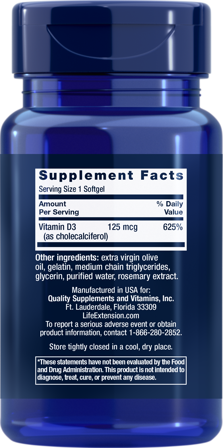 Life Extension Vitamin D3 125 mcg (5000 IU), 60 softgels