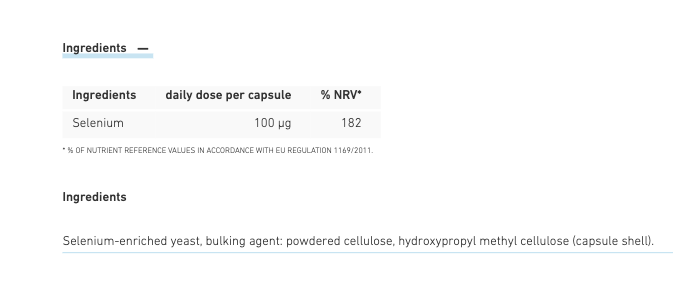 Nutritional information and ingredients list for Biogena selenium supplement capsules on a white background at Shasva Health