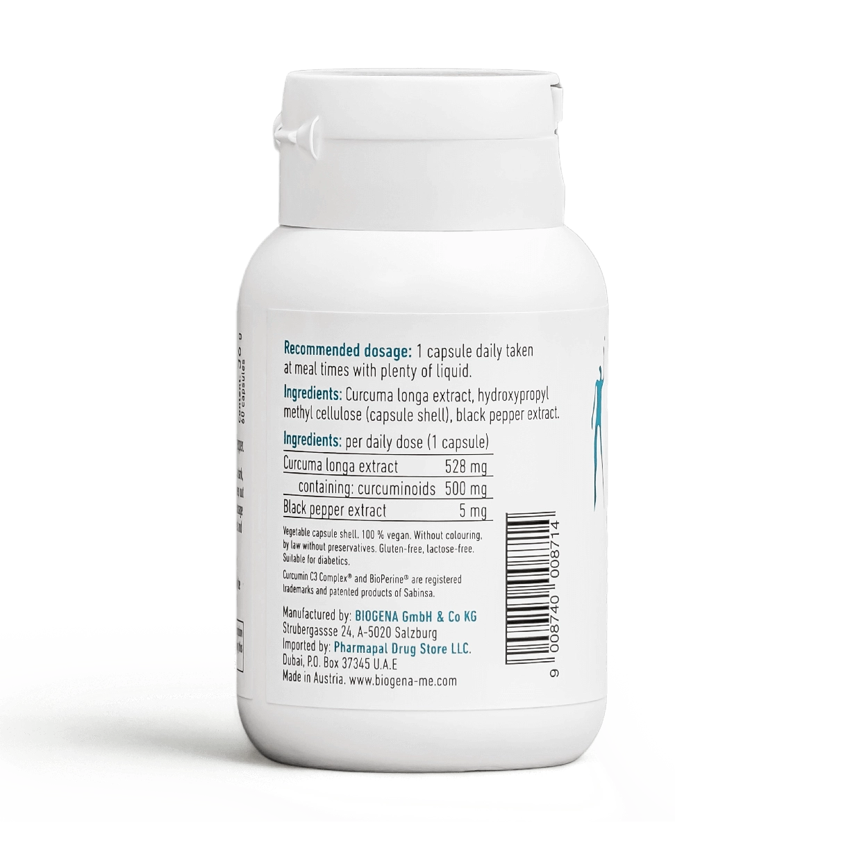 Biogena Turmeric Curcuma- 500mg - 60 capsules - Back - Ingredients