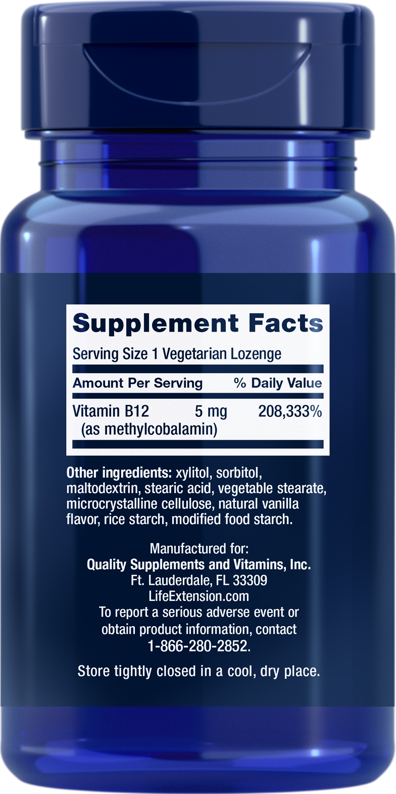 Life Extension -Vitamin-B12-MethylCobalamin-5mg - 60 veg cap - Back -Ingredient 