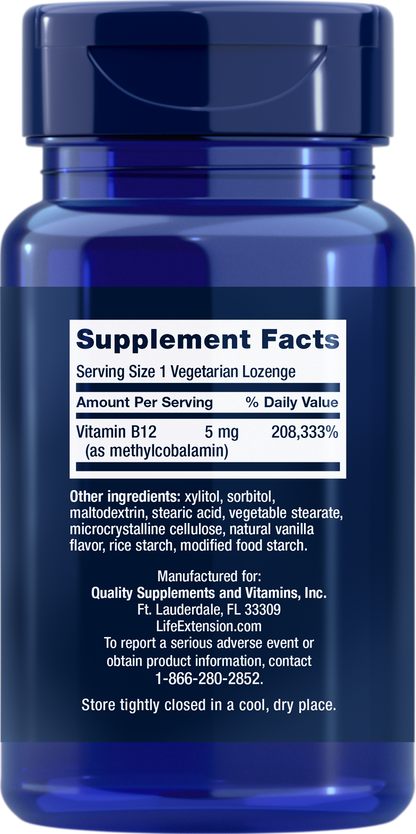 Life Extension -Vitamin-B12-MethylCobalamin-5mg - 60 veg cap - Back -Ingredient 
