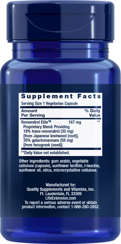 Life Extension - Optimized Resveratrol Elite - 30 veg cap - Back - Ingredients