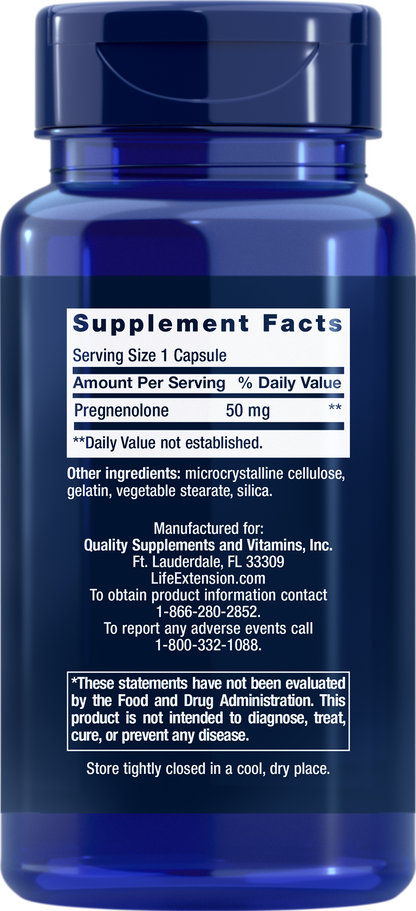 Life Extension - Pregnenolone - 50mg 100 Capsules - Back - Ingredient 