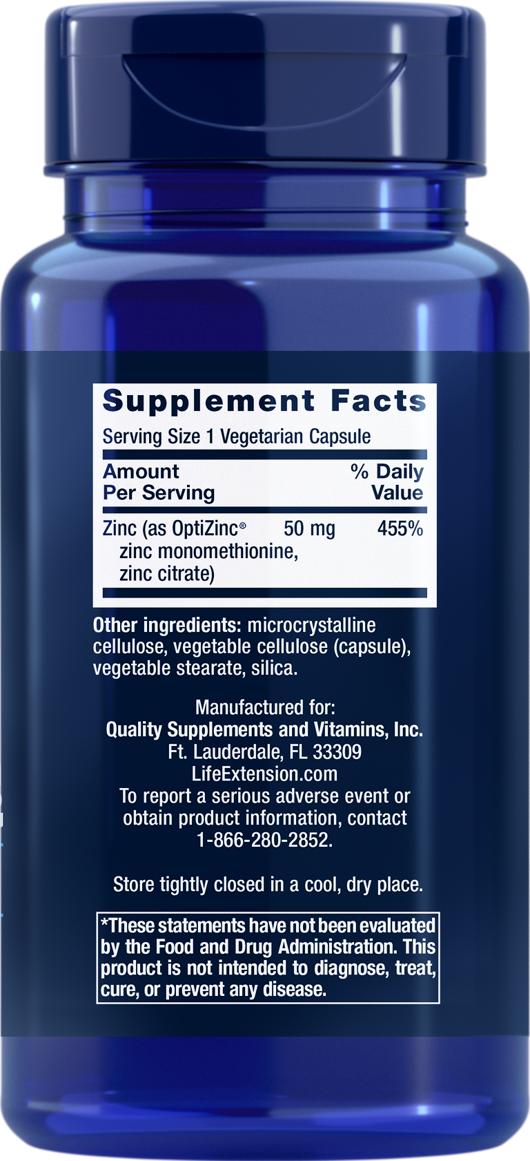 Life Extension - Zinc Caps 50mg - 90 Vegetarian Capsules - Back - Ingredient
