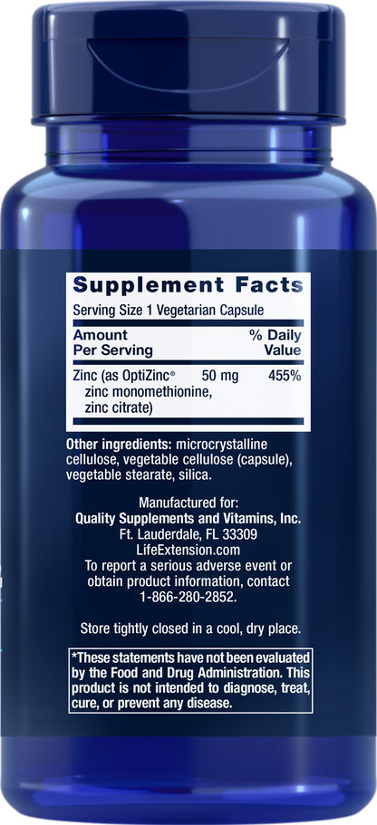 Life Extension - Zinc Caps 50mg - 90 Vegetarian Capsules - Back - Ingredient