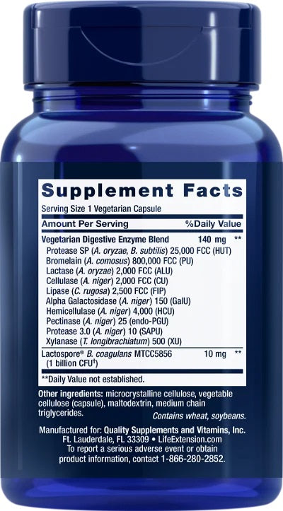 Life Extension Enhanced Super Digestive Enzymes and Probiotics, 60 Vegetarian Capsules - Back - Ingredient 