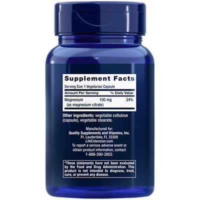 Life Extension Magnesium Citrate 100mg - 100 capsules - Back - Ingredient 