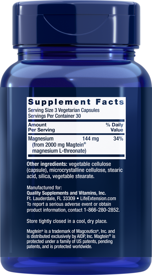 Life Extension Neuro-Mag Magnesium L-Threonate - 90 Vegetable Capsules - Back - Ingredients