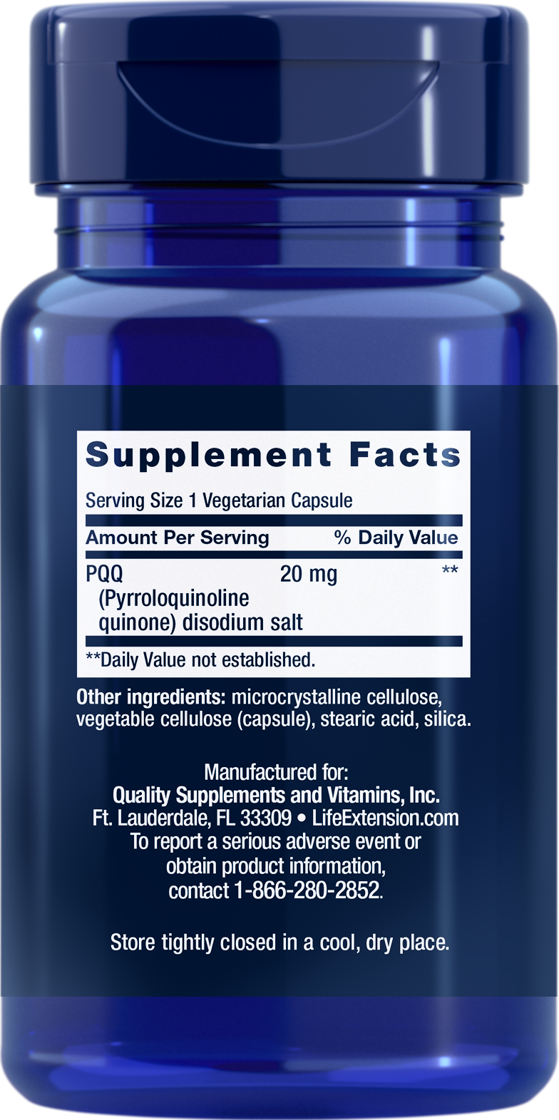 Life Extension PQQ (Pyrroloquinoline Quinone) 20mg -30 Vegetarian cap - Back - Ingredients