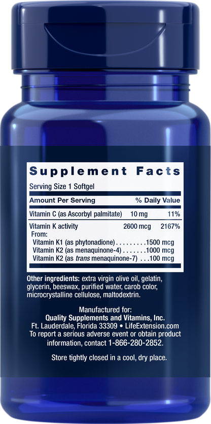 Life Extension Super K 90 Softgels - Two Forms of K2 Plus K1 - Back - Ingredients