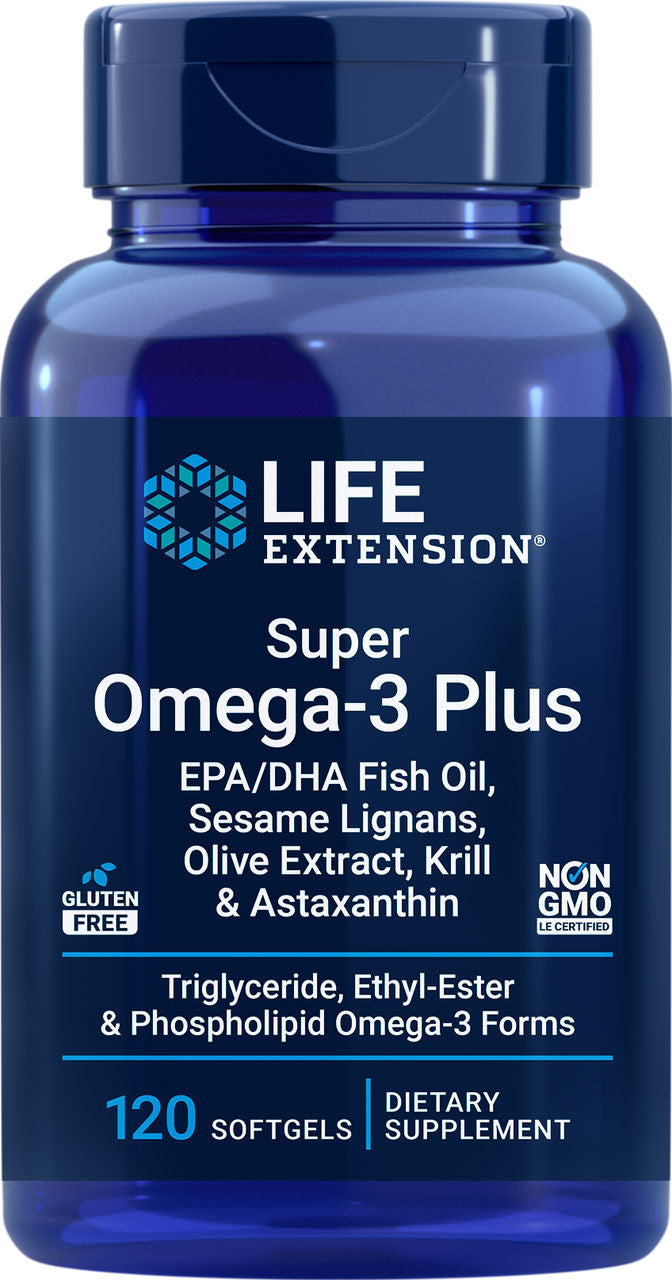 Life Extension Super Omega-3 Plus - EPA/DHA Fish Oil, Sesame Lignans, Olive Extract, Krill & Astaxanthin -  120 Softgels - Front 