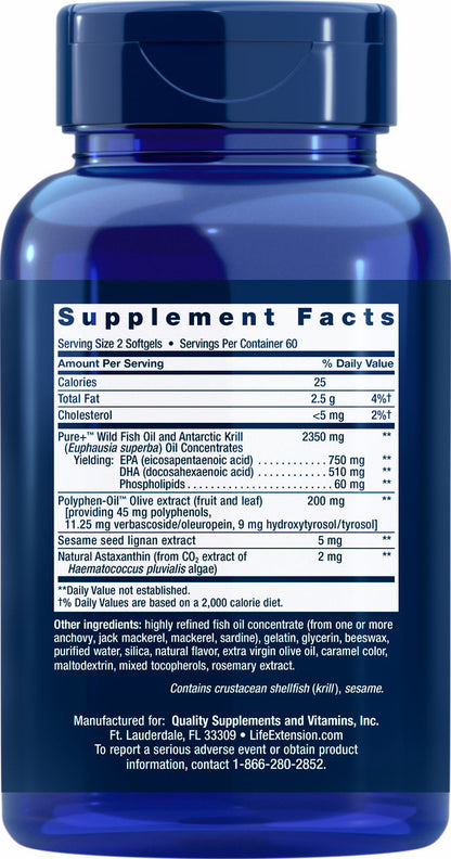 Life Extension Super Omega-3 Plus - EPA/DHA Fish Oil, Sesame Lignans, Olive Extract, Krill & Astaxanthin -  120 Softgels - Back - Ingredient  
