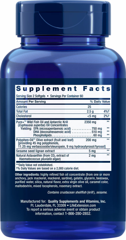 Life Extension Super Omega-3 Plus - EPA/DHA Fish Oil, Sesame Lignans, Olive Extract, Krill & Astaxanthin -  120 Softgels - Back - Ingredient  