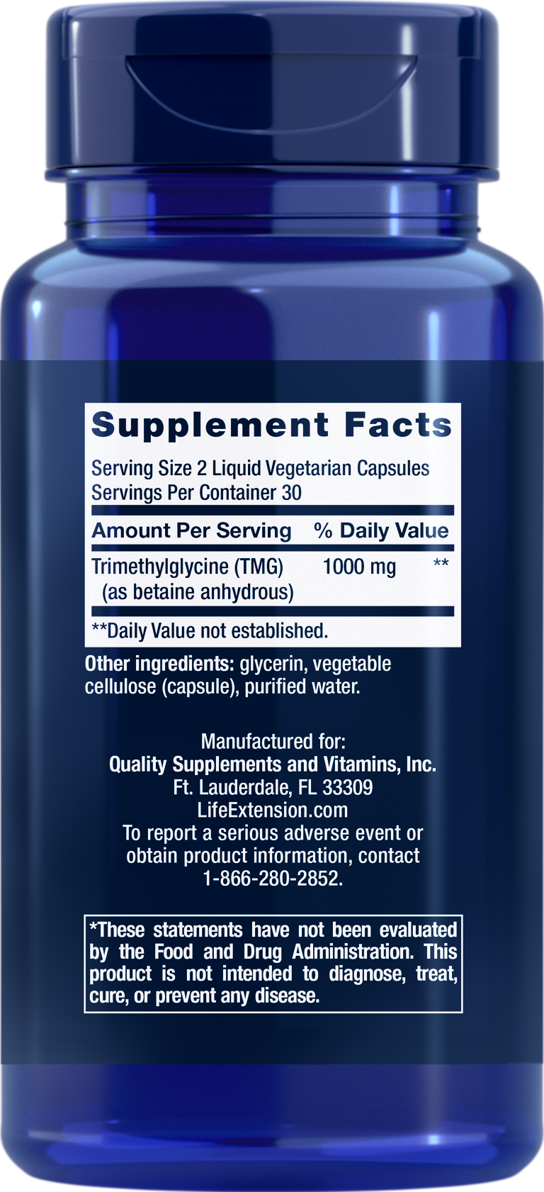 Life Extension TMG 500mg 60 capsules back - Ingredients